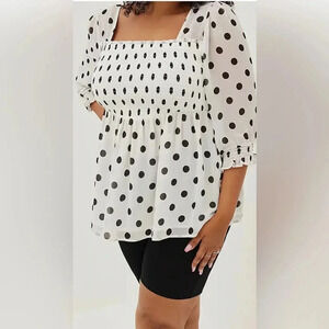 Torrid Babydoll Chiffon Smocked 3/4 Polka Dot Top